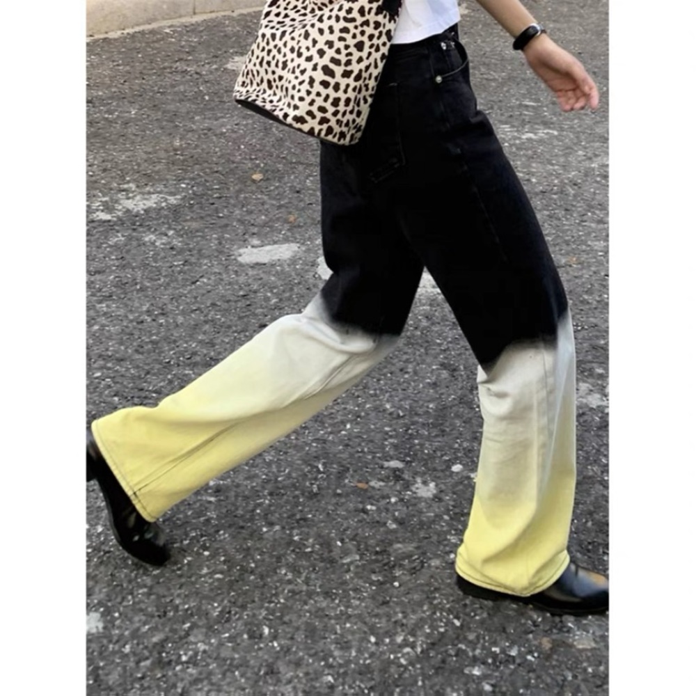 Dip Dye Bleach Highlighter Yellow Black Wide Leg Jeans